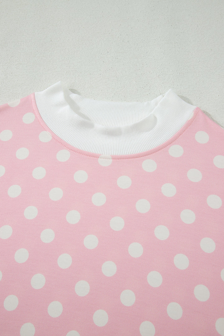 Pink Polka Dot Print Mock Neck Short Sleeve Top Shift Pant Set