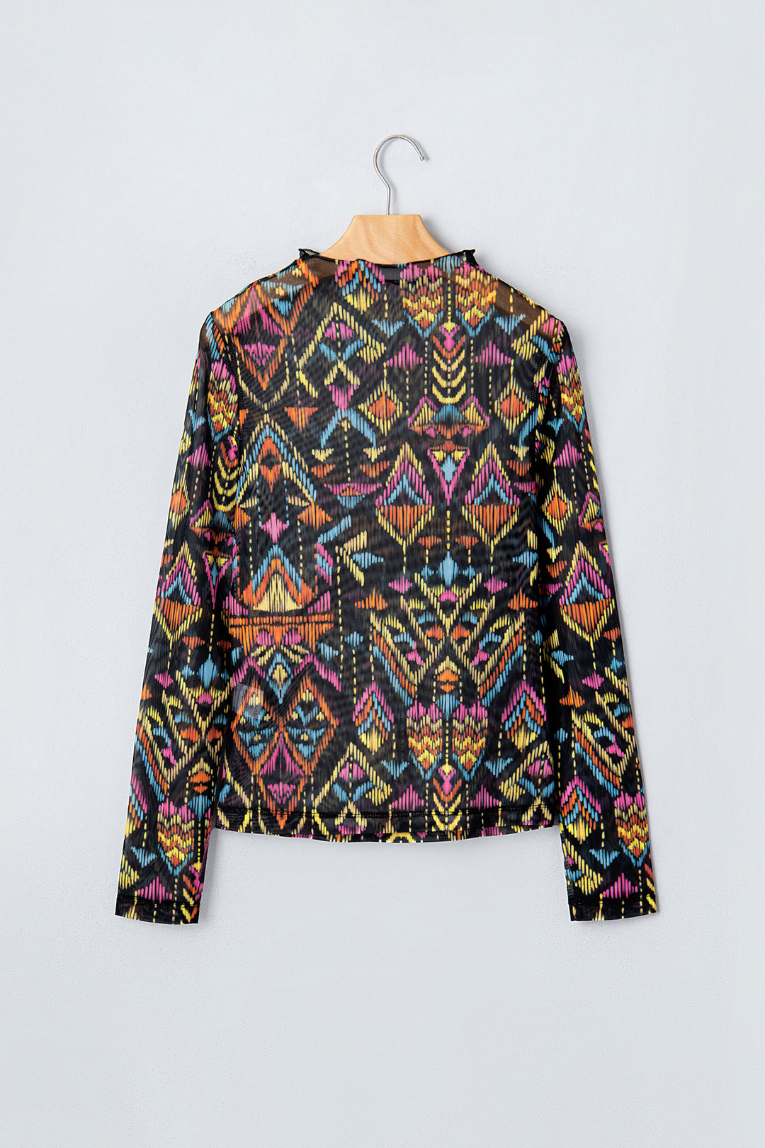 Color black Abstract Print Long Sleeve Stand Neck Mesh Top