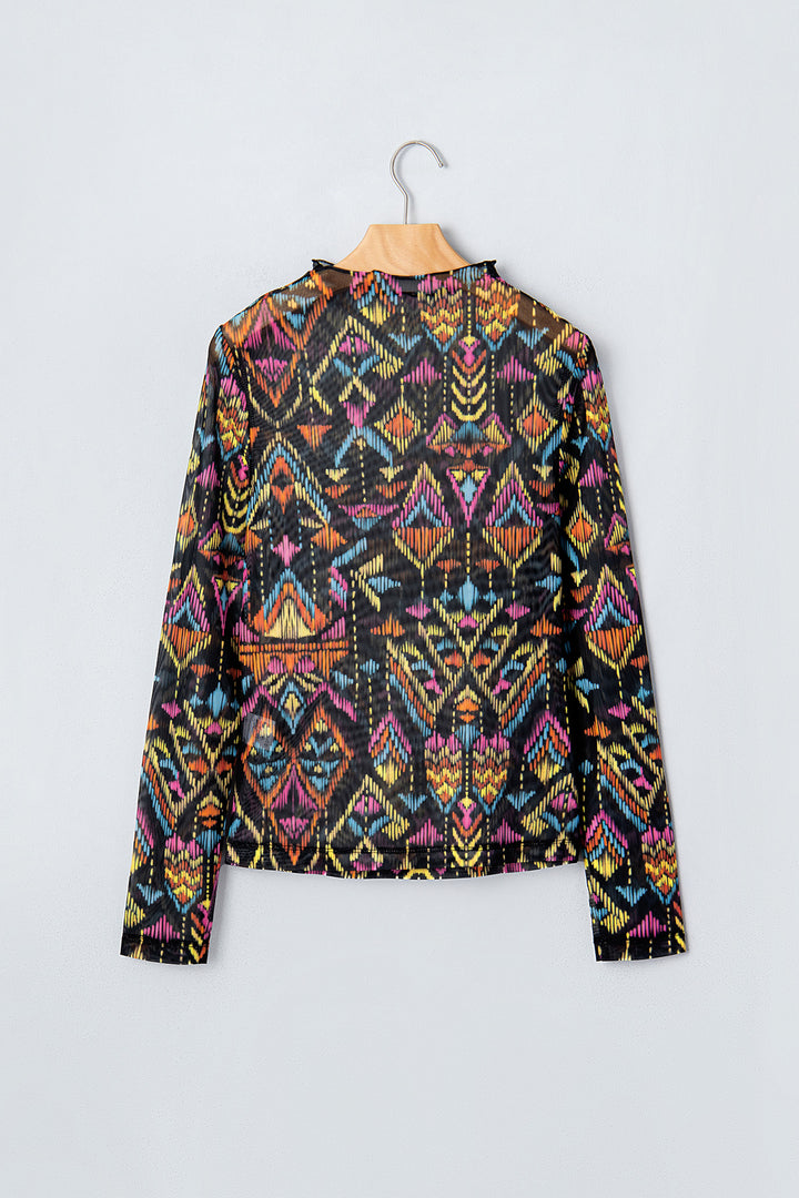 Color black Abstract Print Long Sleeve Stand Neck Mesh Top