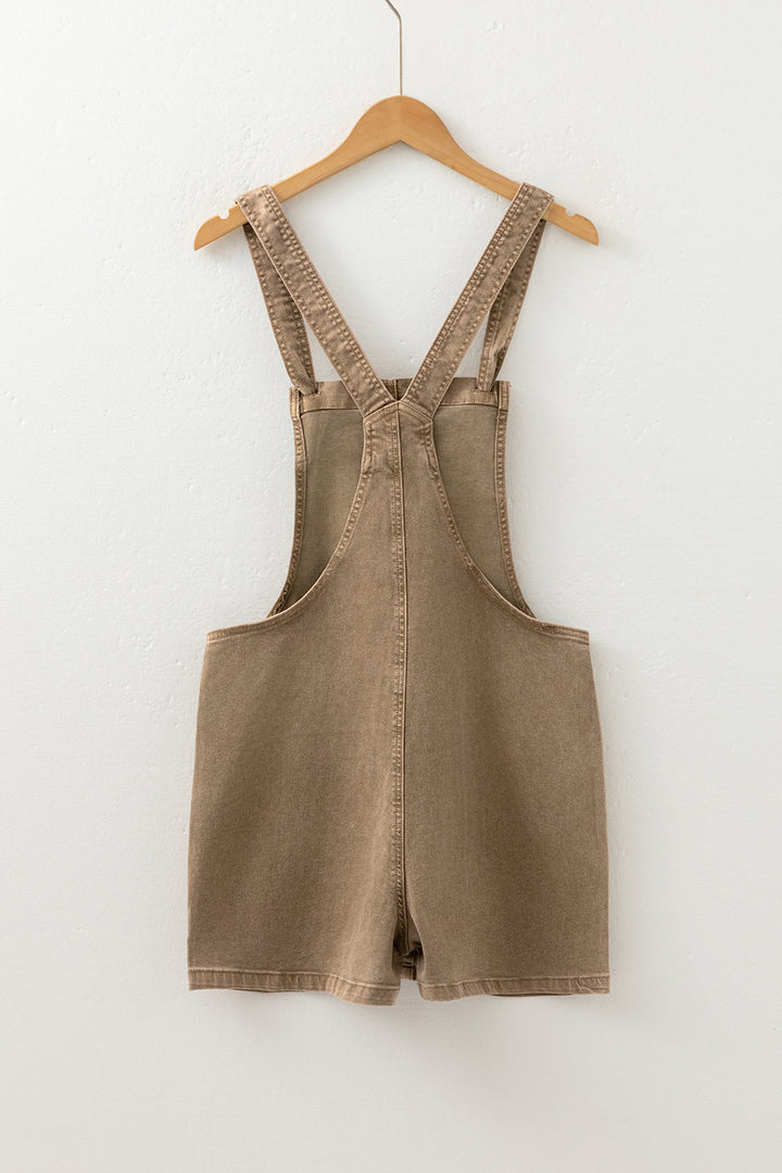 Light French Beige Solid Color Knot Straps Denim Romper with Pockets
