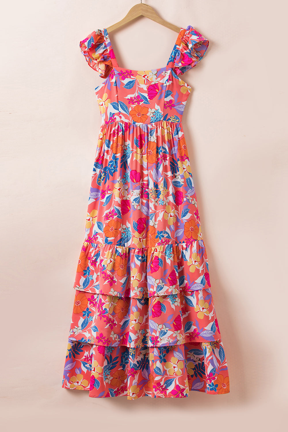 Pink Floral Print Sleeveless Ruffle Tiered Maxi Dress | Women