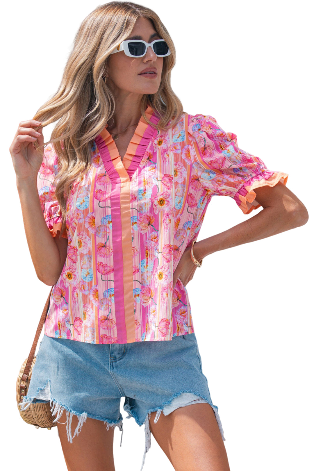 Pink Poppy Flower Striped Print Color Block Trim V Neck Short Sleeve Cotton Blouse