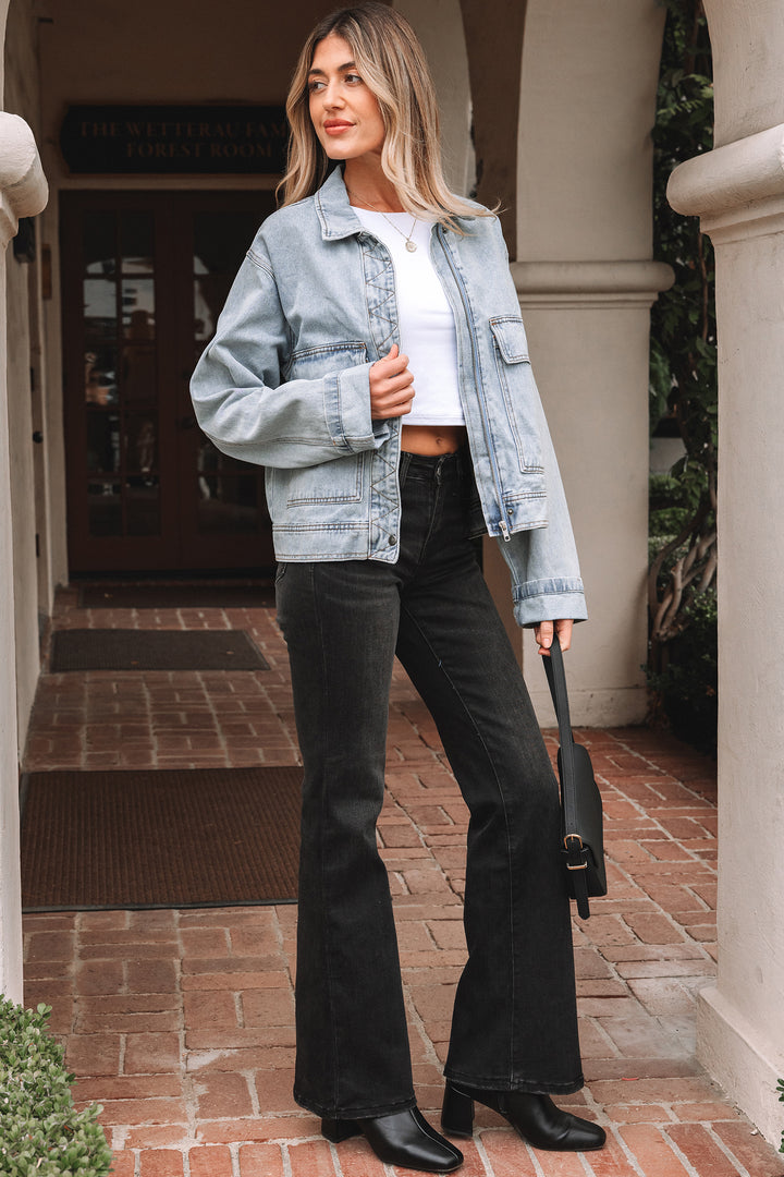 Beau Blue Street Style Zip Up Washed Denim Jacket