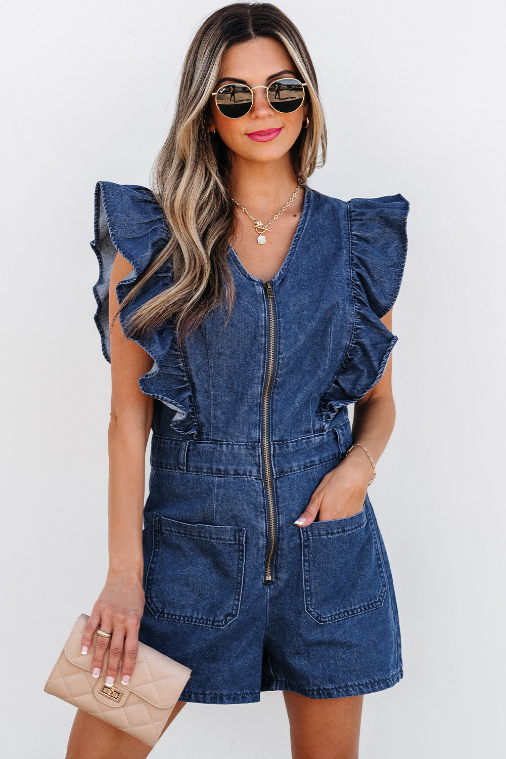 Sail Blue Denim Ruffled Zipped Front Belted Romper