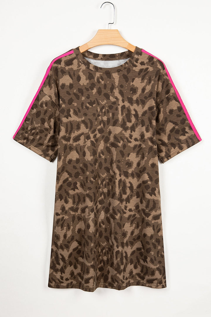 Brown Loose Contrast Striped Accent Leopard T Shirt Mini Dress with Pockets