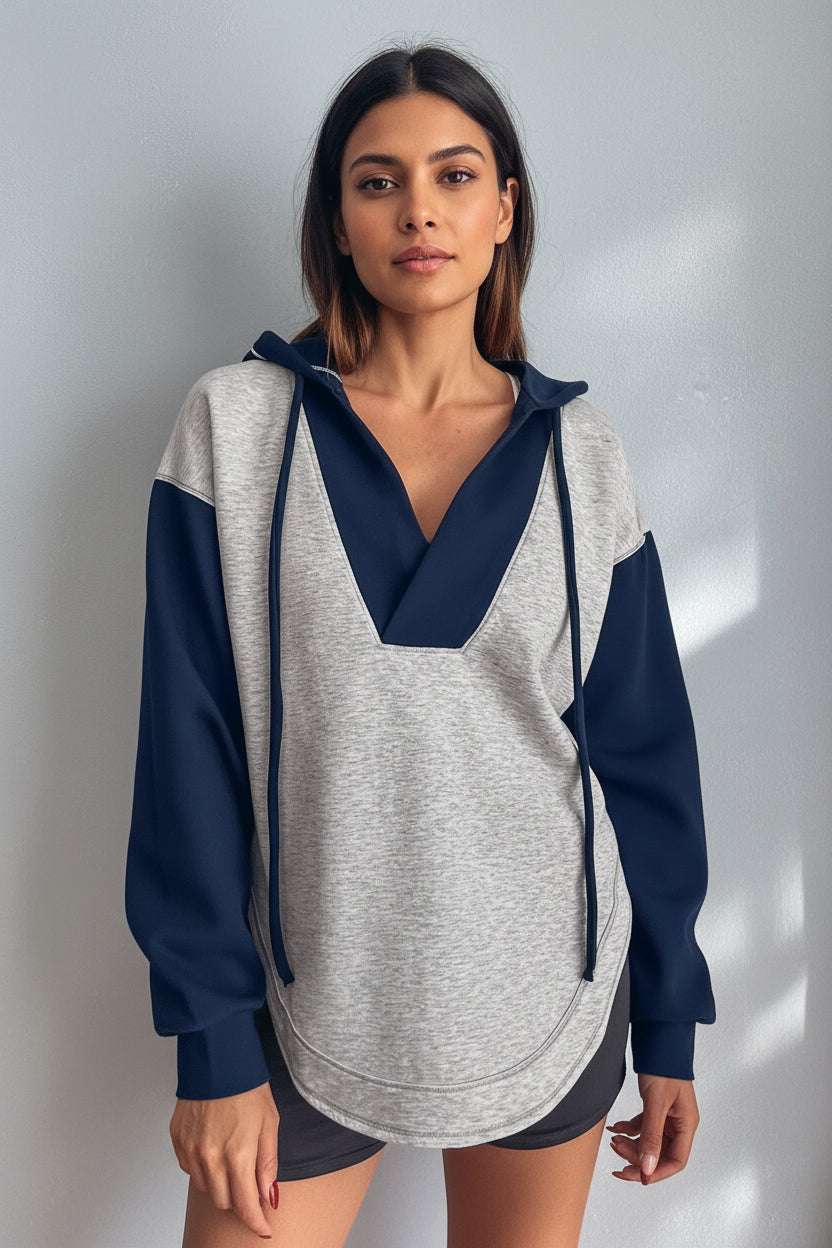 Light Grey Color Block Patchwork V Neck Drawstring Hoodie