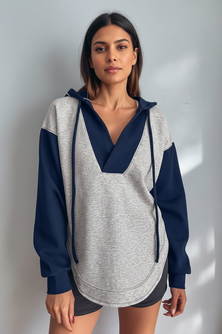 Light Grey Color Block Patchwork V Neck Drawstring Hoodie