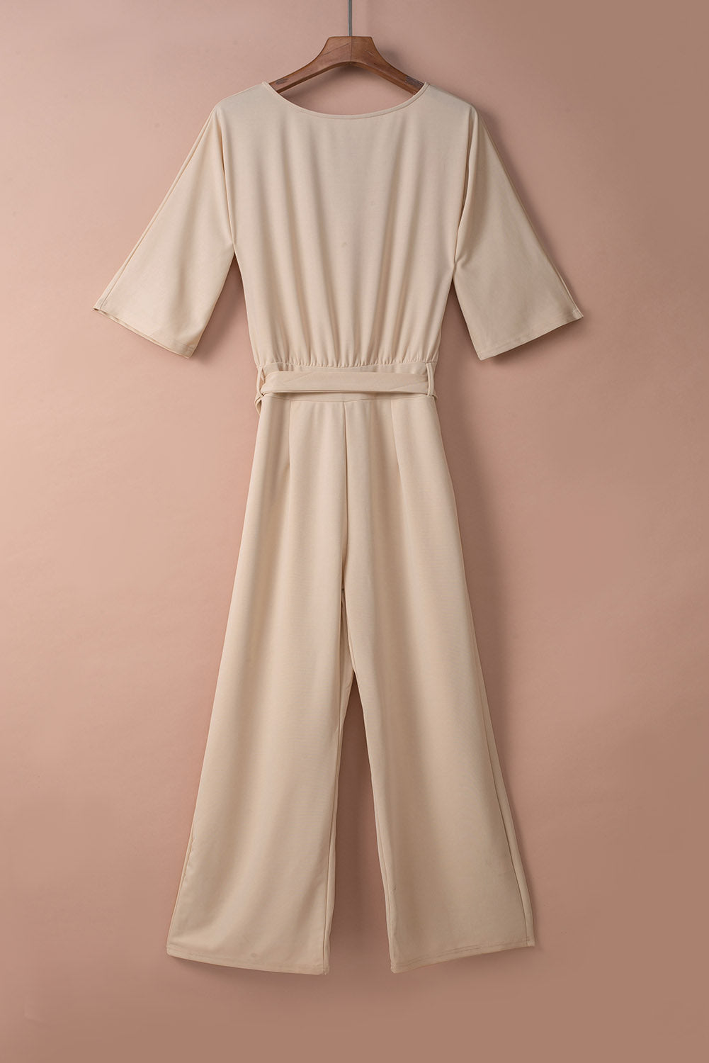 Apricot Braselet Sleeve Waist Tie Wide Leg Jumpsuit