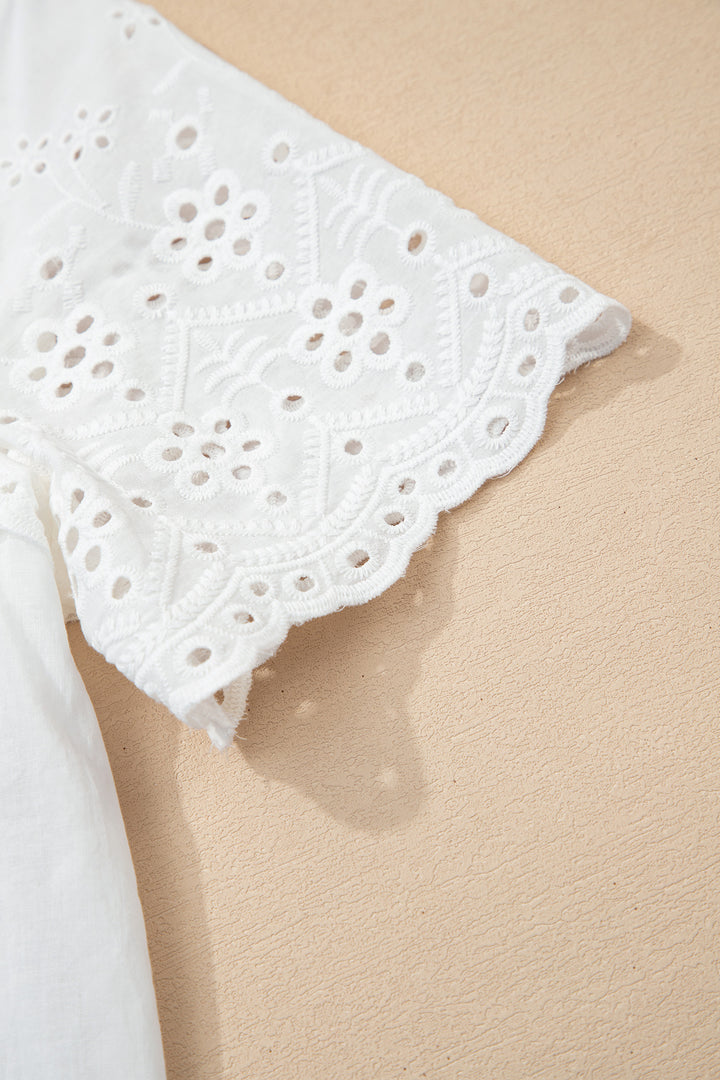 White Flower Eyelet Embroidered Patchwork Sheer Short Sleeve Cotton Shirt