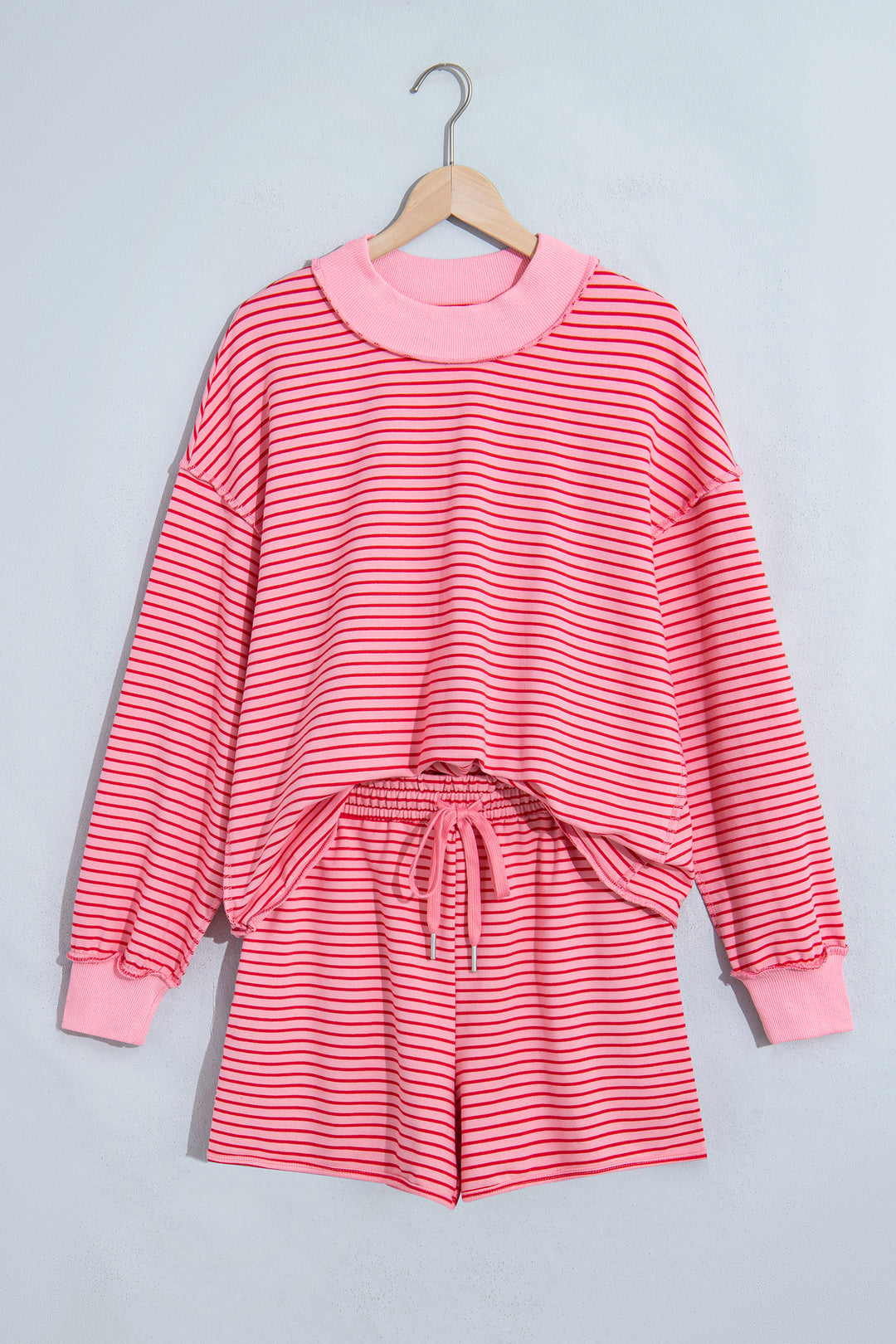 Brown Ribbed Patchwork Mock Neck Baggy Pullover Matching Shorts Set