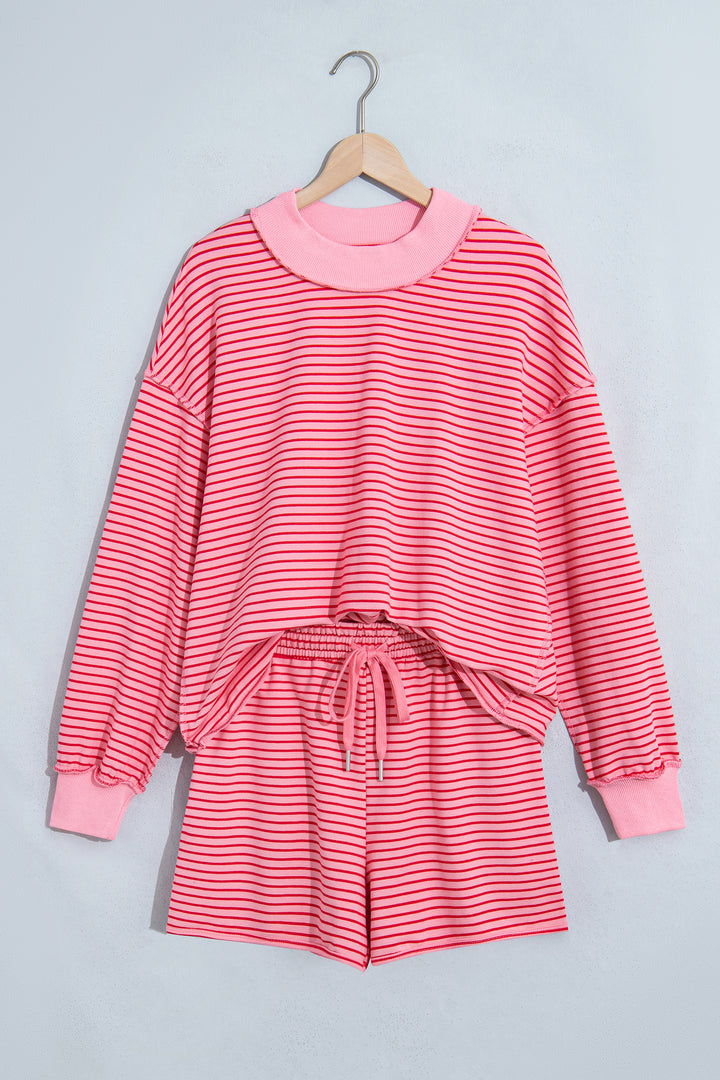 Brown Ribbed Patchwork Mock Neck Baggy Pullover Matching Shorts Set