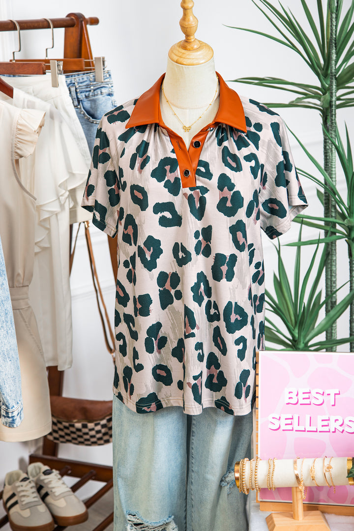 Casual Unique Leopard Print Button Contrast Collared Short Sleeve Blouse