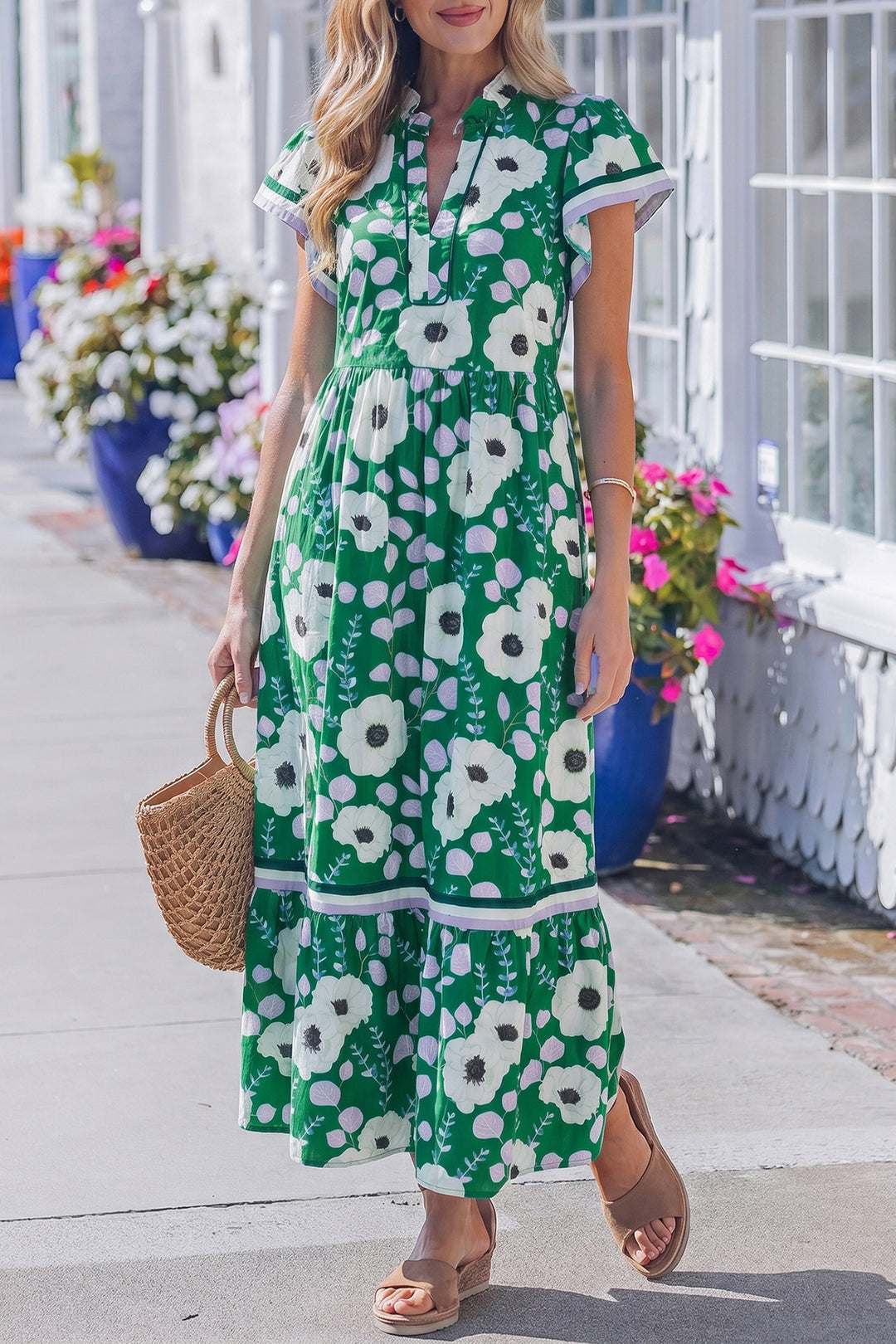 Green V Neck Ruffled Short Sleeve Flower Maxi Dress