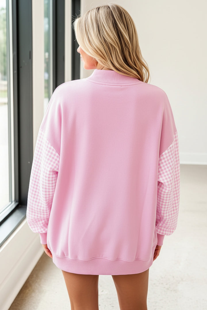 Dirty blue Plaid Sleeve Colorblock Loose Tunic Sweatshirt
