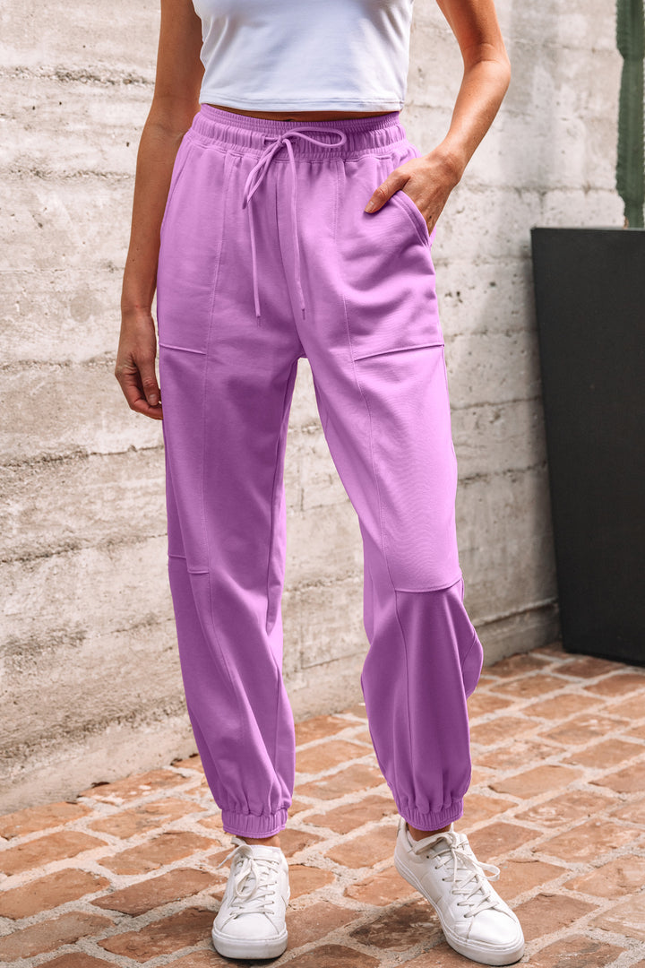Lilac Drawstring Elastic Waistband Solid Color Jogger Pants