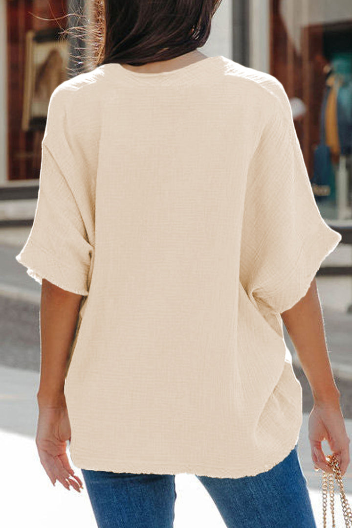 Apricot Frayed Batwing Sleeve Textured Cotton Blouse