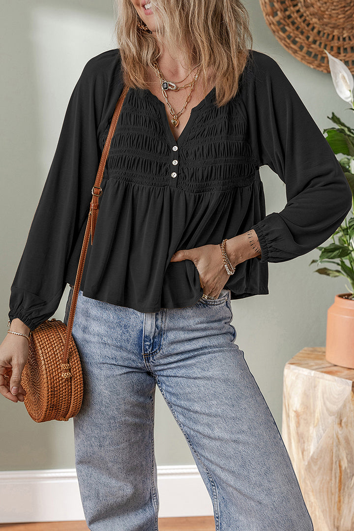 Cinnamon Smocked Bust Buttoned Split V Neck Flowy Blouse