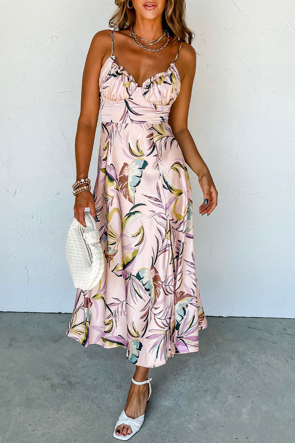 Apricot Tropical Print Spaghetti Straps Cupped Dress | Women