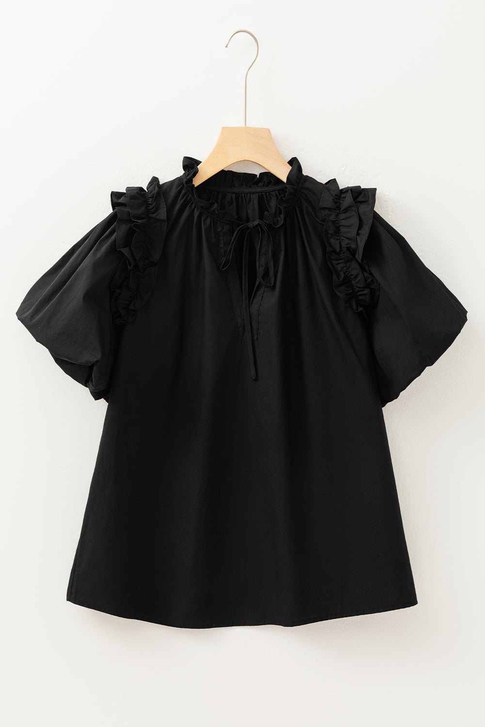 Black Ruffled Puff Short Sleeve Loose Blouse