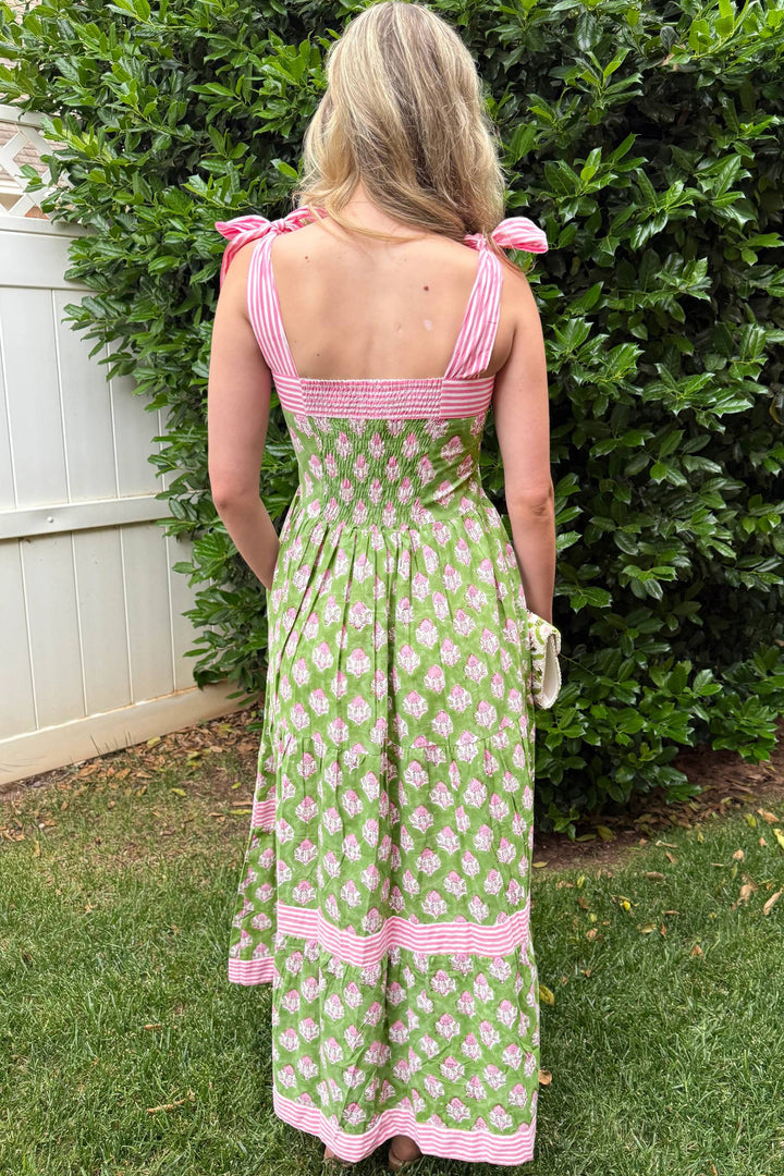 Green Floral Print Striped Detail Knot Straps Maxi Dress