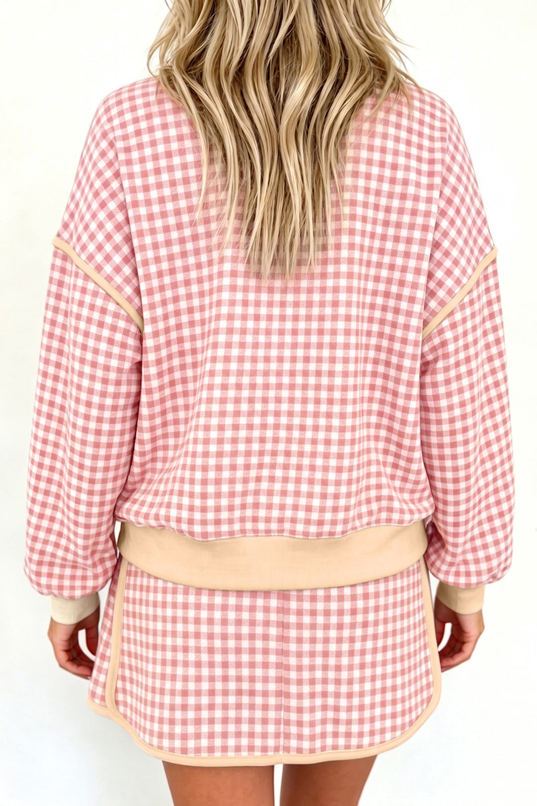 Brown Gingham Oversized Ribbed Trim Crew Neck Long Sleeve Top and Skort Set