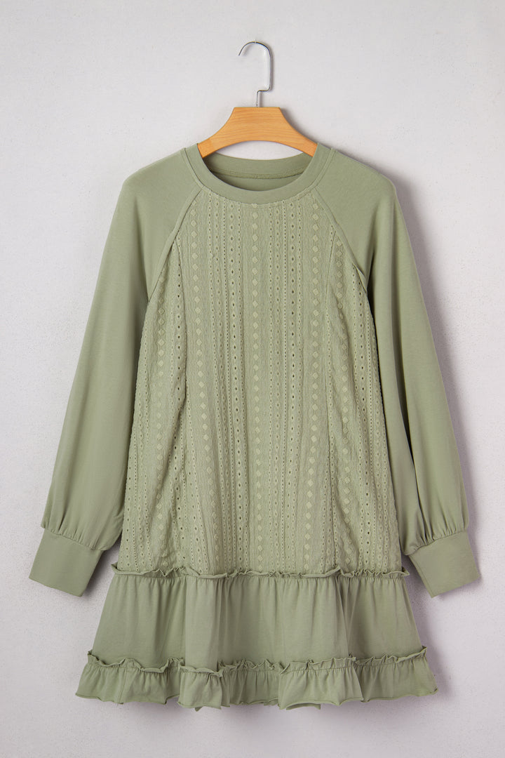 Laurel Green Jacquard Frilled Ruffled Long Sleeve Mini Dress