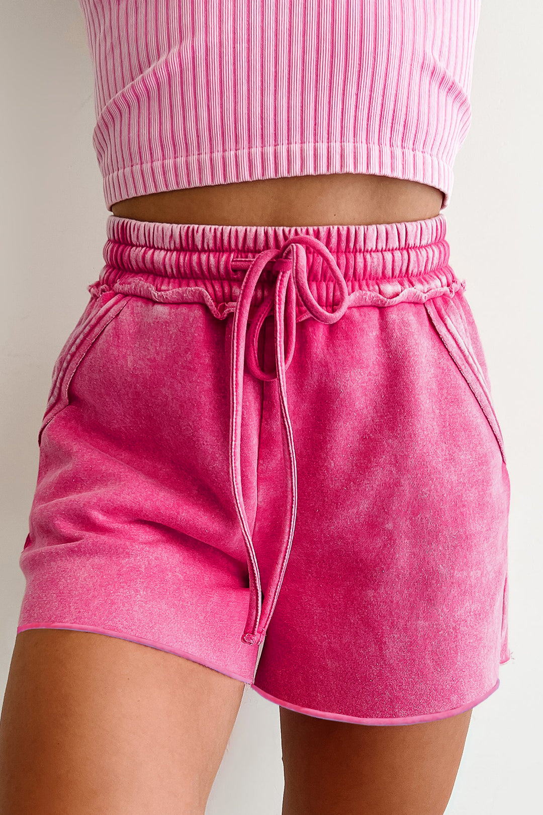 Rose Red Mineral Washed Drawstring Elastic Waist Raw Cut Shorts