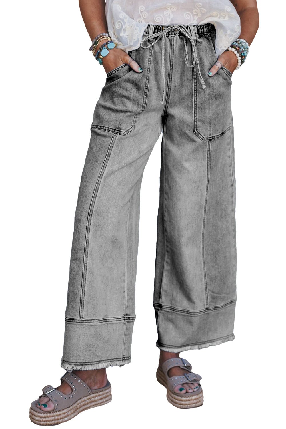 Beau Blue Drawstring Seam Detail Raw Hem Wide Leg Jeans