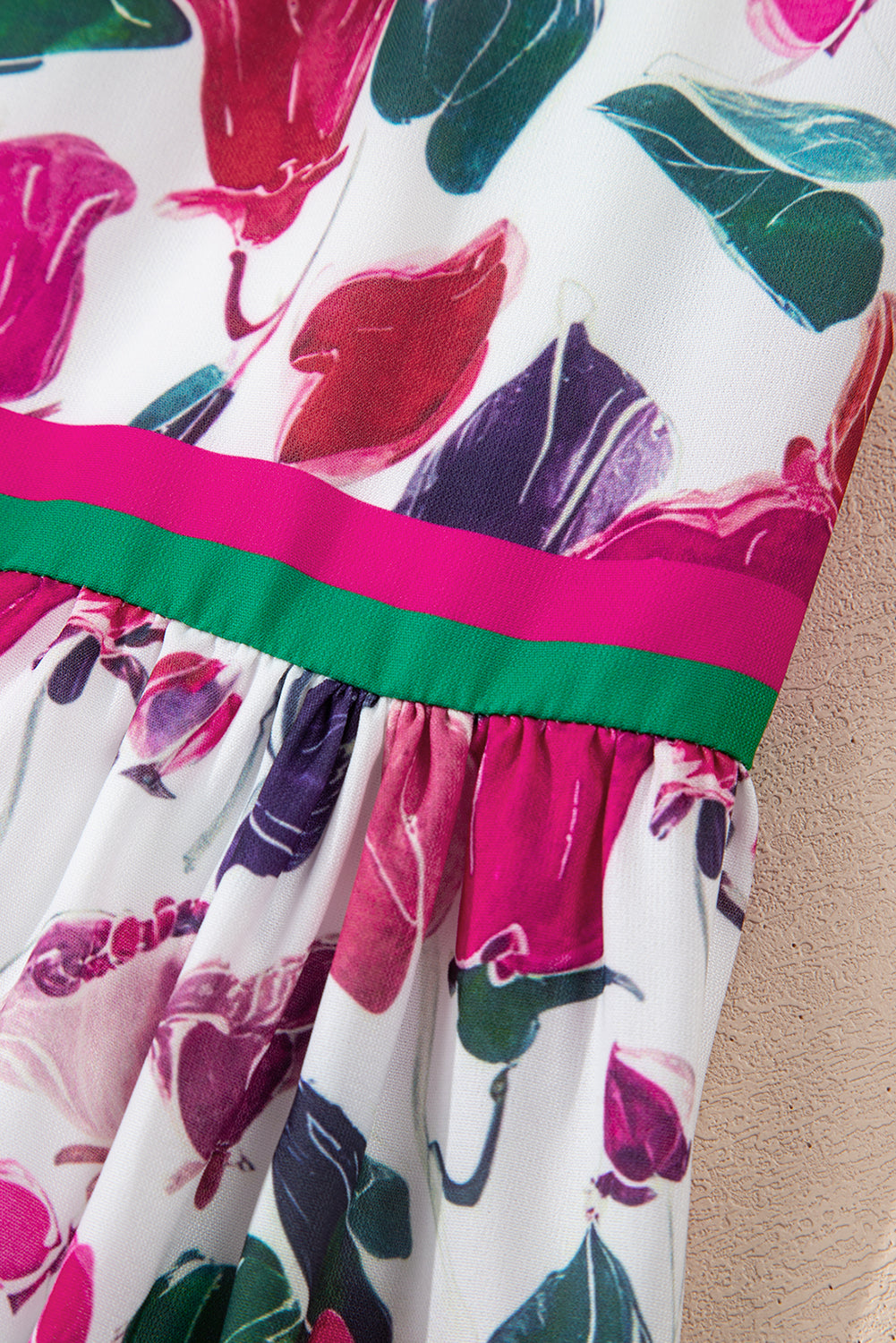 Purple Floral Print Contrast Striped Detail Long Sleeve Mini Dress