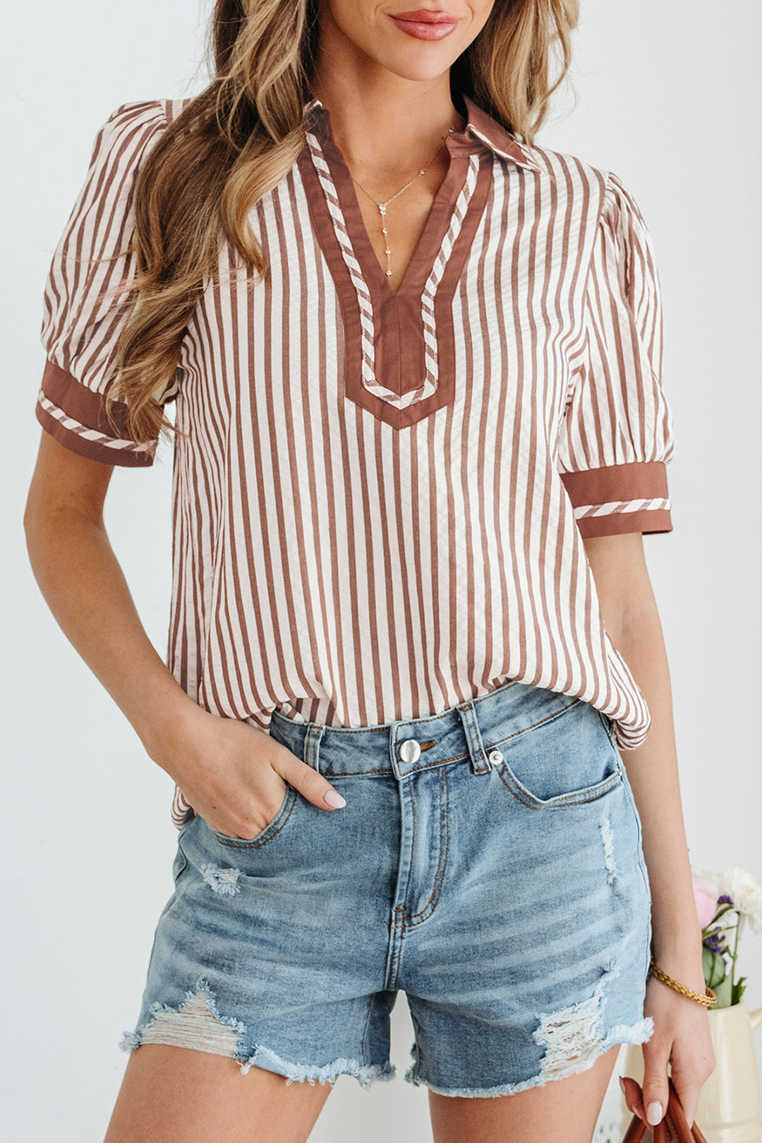 Khaki Stripe Collared Split Neck Short Bubble Sleeve Blouse