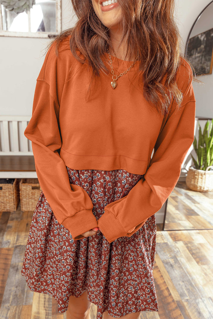 Orange Solid Long Sleeve Top Patchwork Floral Flared 2-in-1 Mini Dress