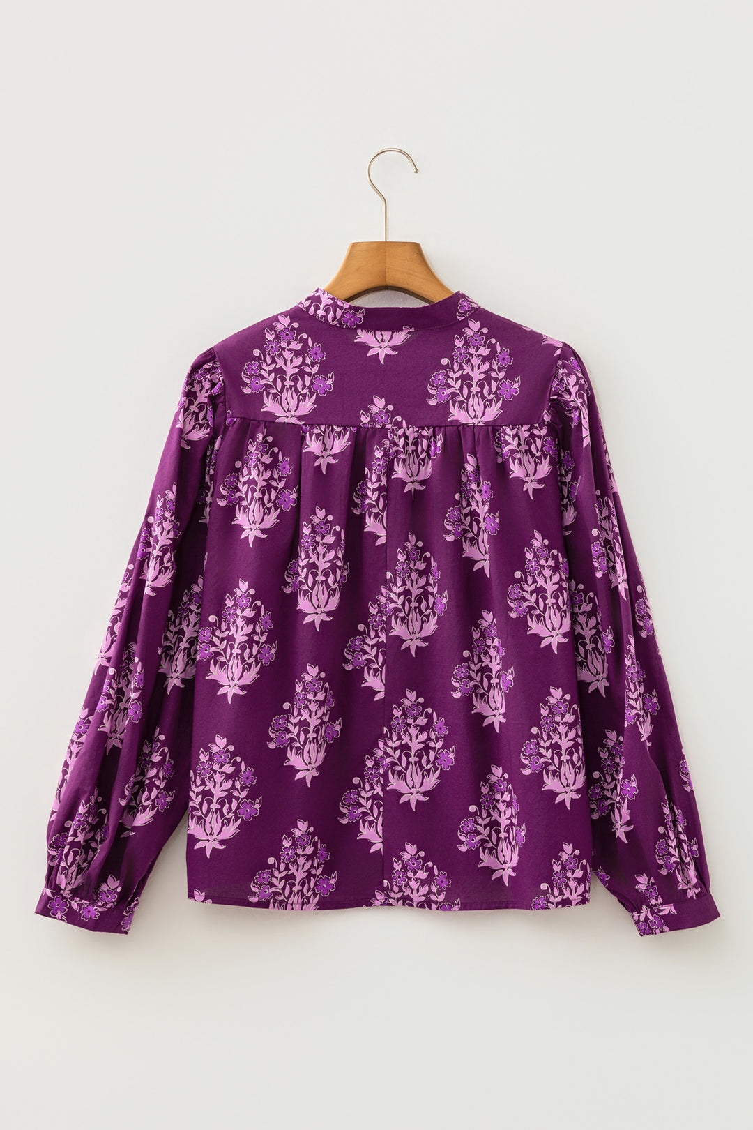 Purple Floral Print Button Front Long Puff Sleeve Shirt