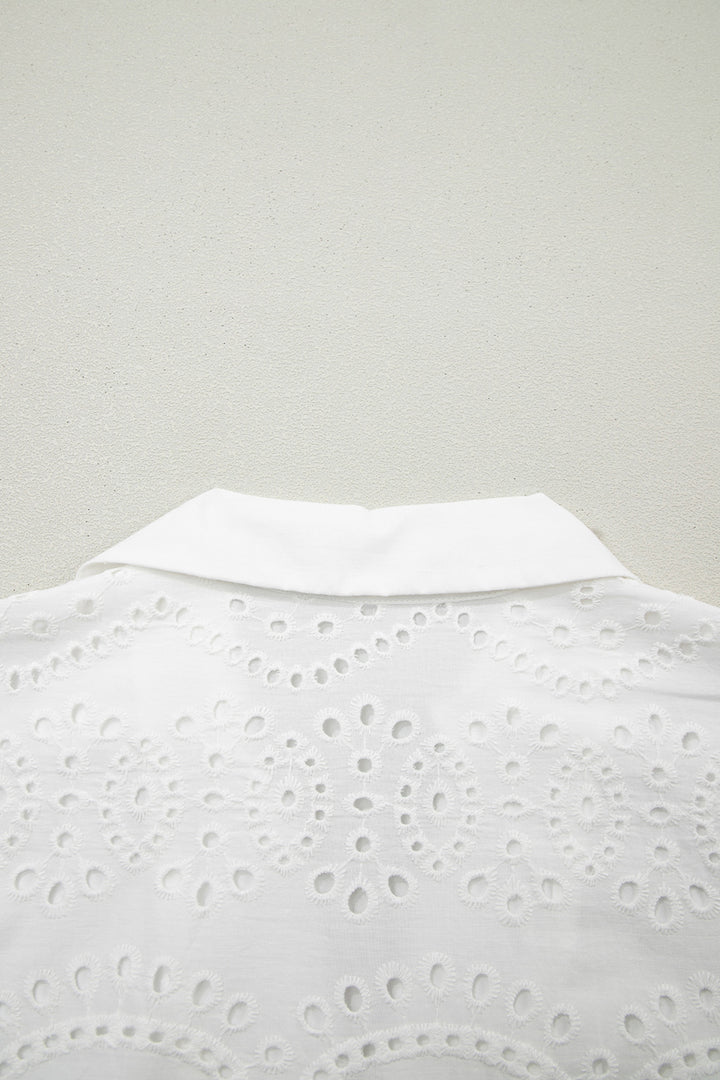 White Solid Color Eyelet Embroidered Cotton T Shirt Mini Dress