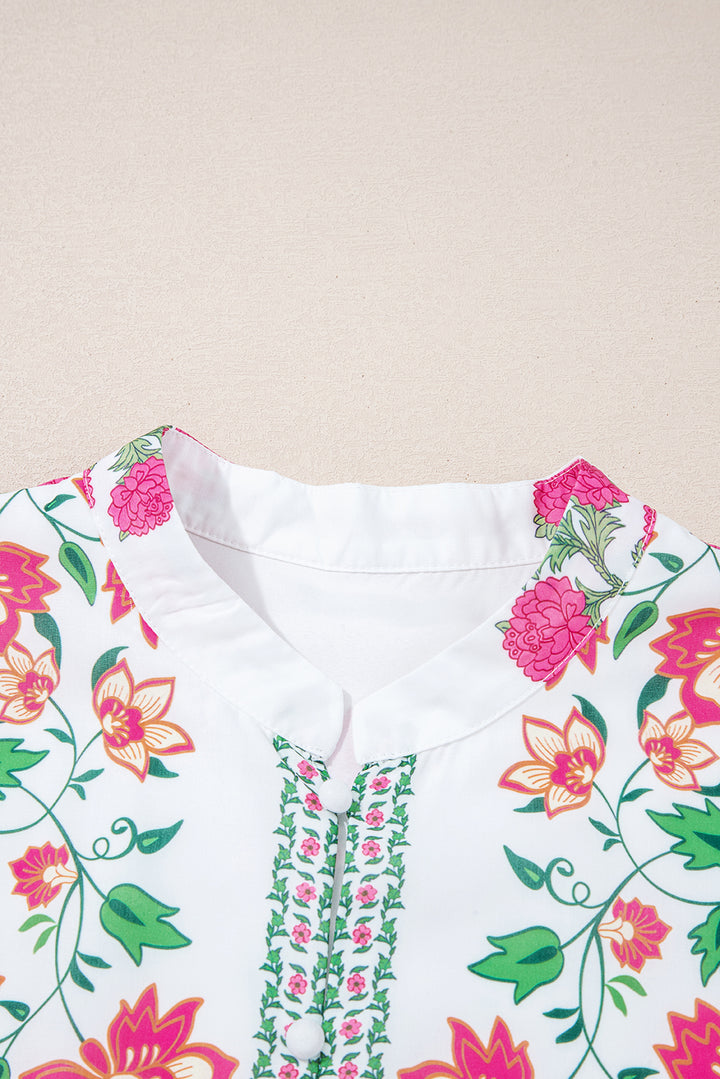 White Floral Print Half Button Mandarin Neck 3/4 Sleeve Maxi Dress