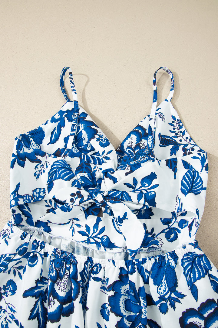 Sky Blue Twisted Bust Spaghetti Straps Backless Floral Maxi Dress