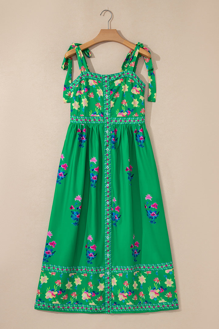 Green Floral Print Contrast Trim Knotted Straps Midi Dress