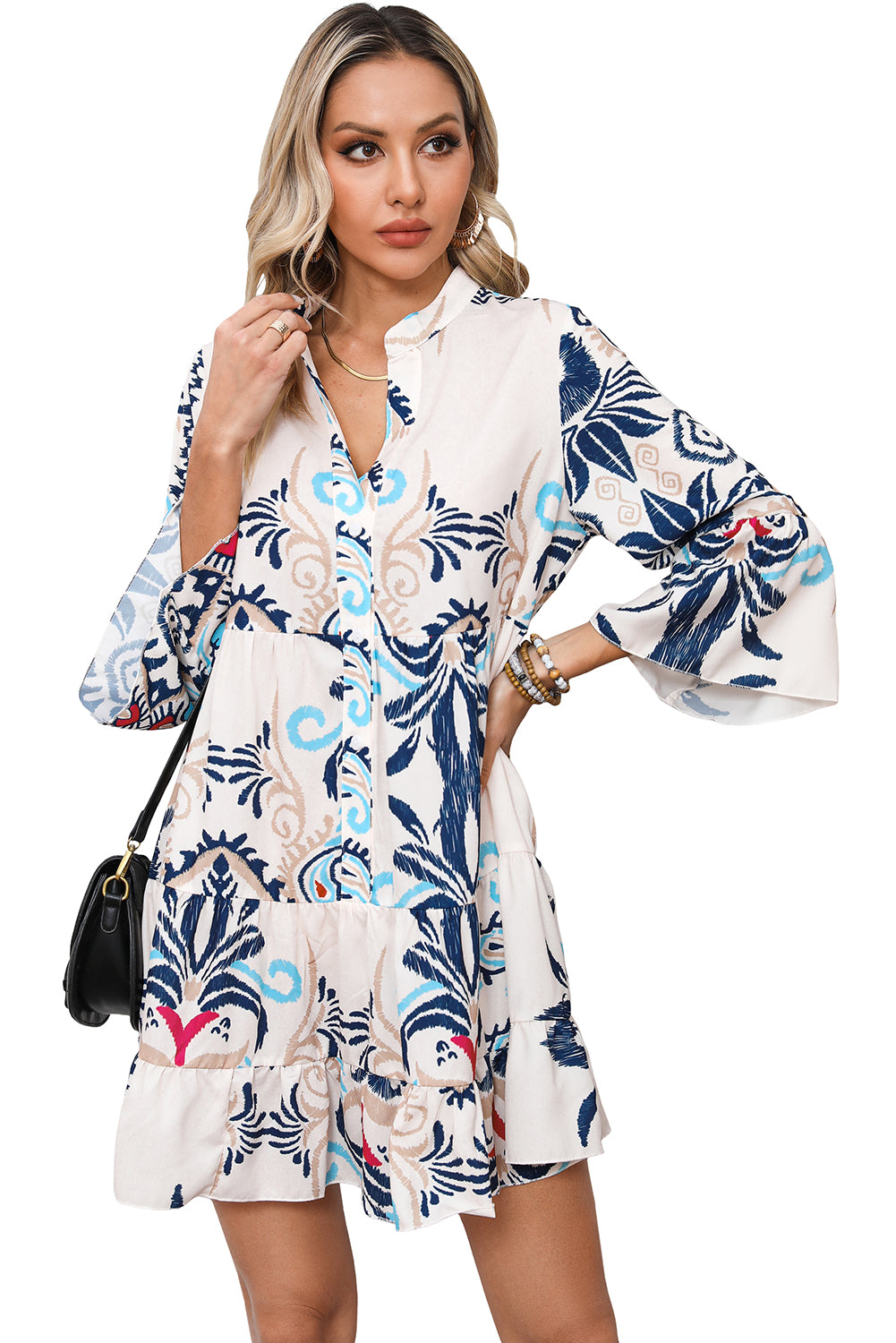 White Printed Tribal Braselet Sleeve Buttoned Mini Dress | Women