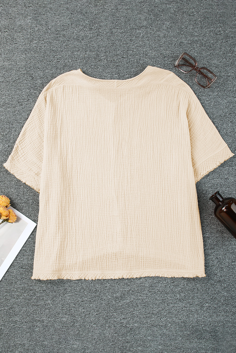 Apricot Frayed Batwing Sleeve Textured Cotton Blouse