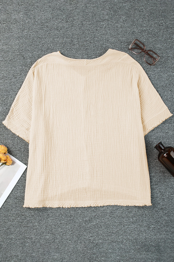 Apricot Frayed Batwing Sleeve Textured Cotton Blouse