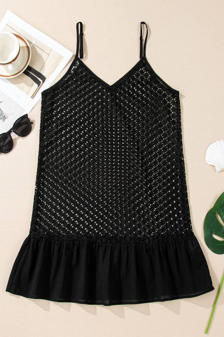 Black See Through Patterned Knit Ruffle Hem Patchwork Beach Cover Up