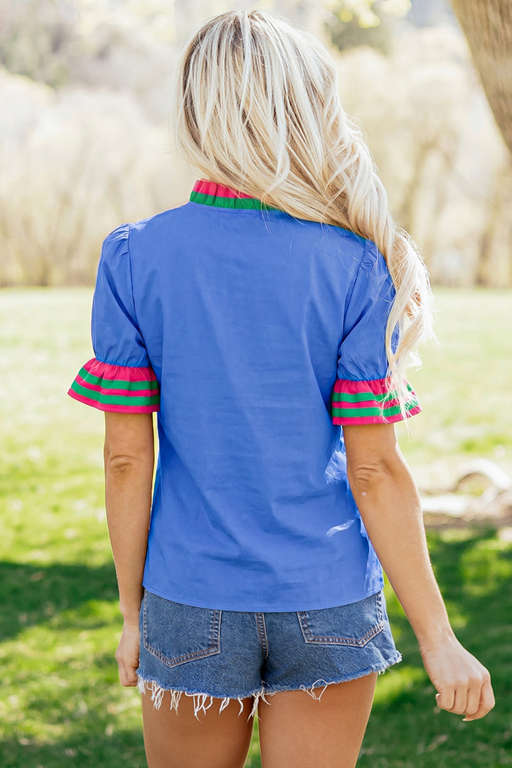 Green Striped Frilled Collar Ruffled Short Sleeve Blouse