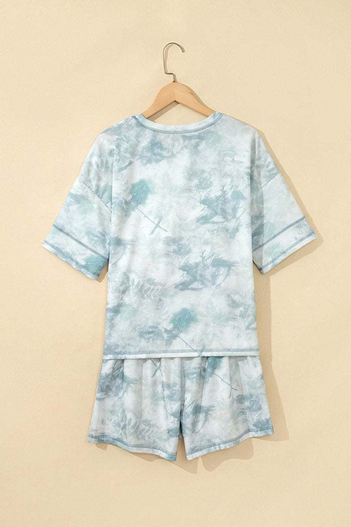 Green Casual Camouflage Short Sleeve Elastic Waist 2pcs Set