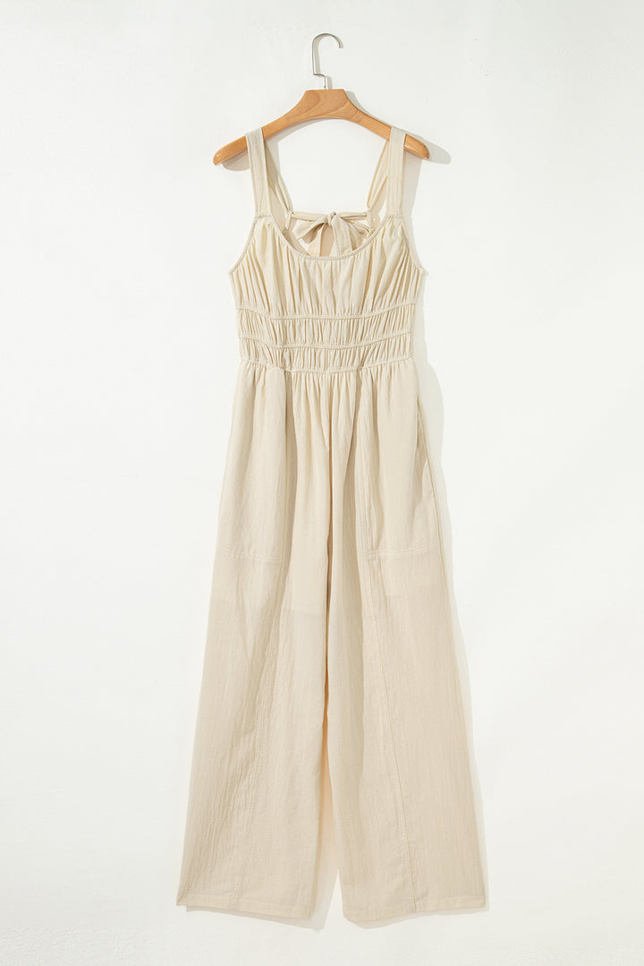 Beige Ruched High Waist Sleeveless Wide Leg Jumpsuit