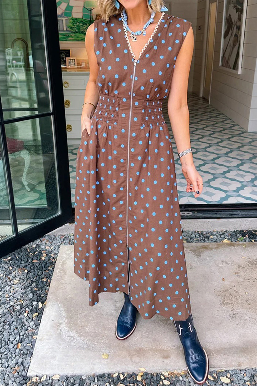 Brown Polka Dot Print Contrast Trim V Neck Zip Up Cotton Sleeveless Dress