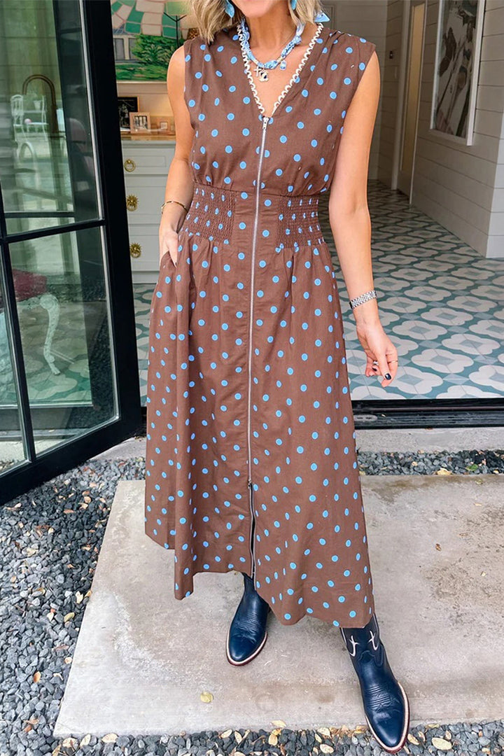 Brown Polka Dot Print Contrast Trim V Neck Zip Up Cotton Sleeveless Dress