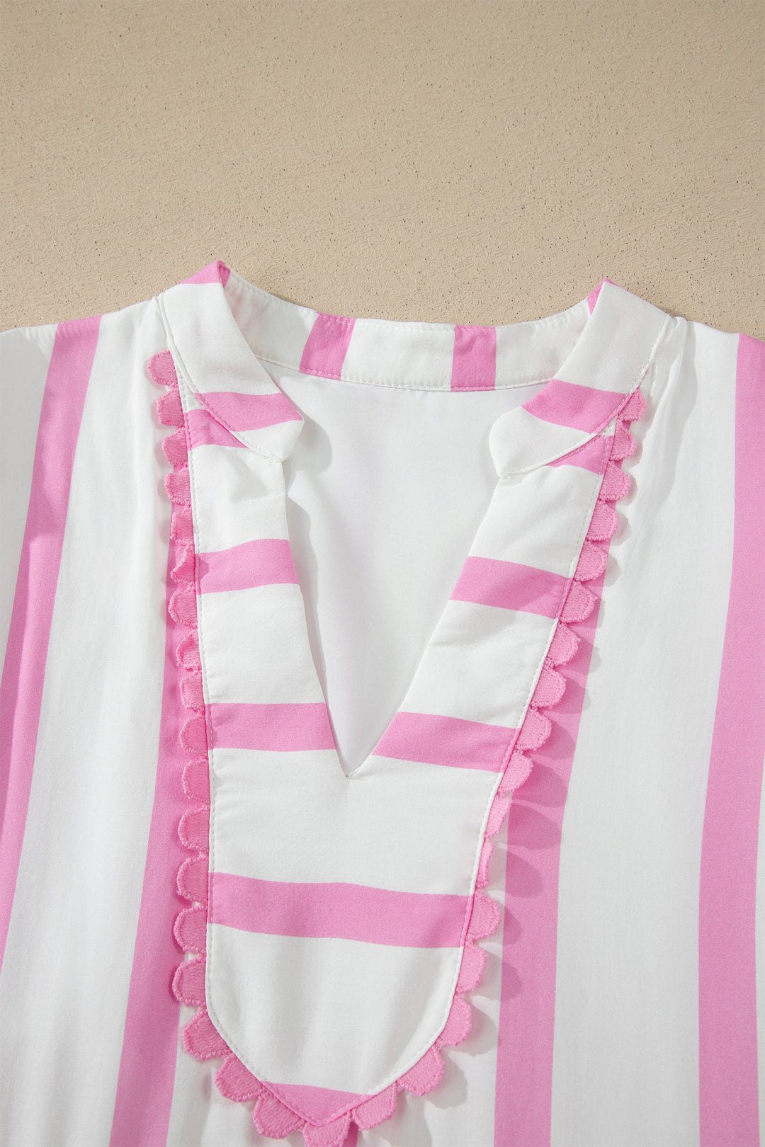 Pink Stripe Ricrac Trim Notched Neck Half Sleeve Vacation Dress
