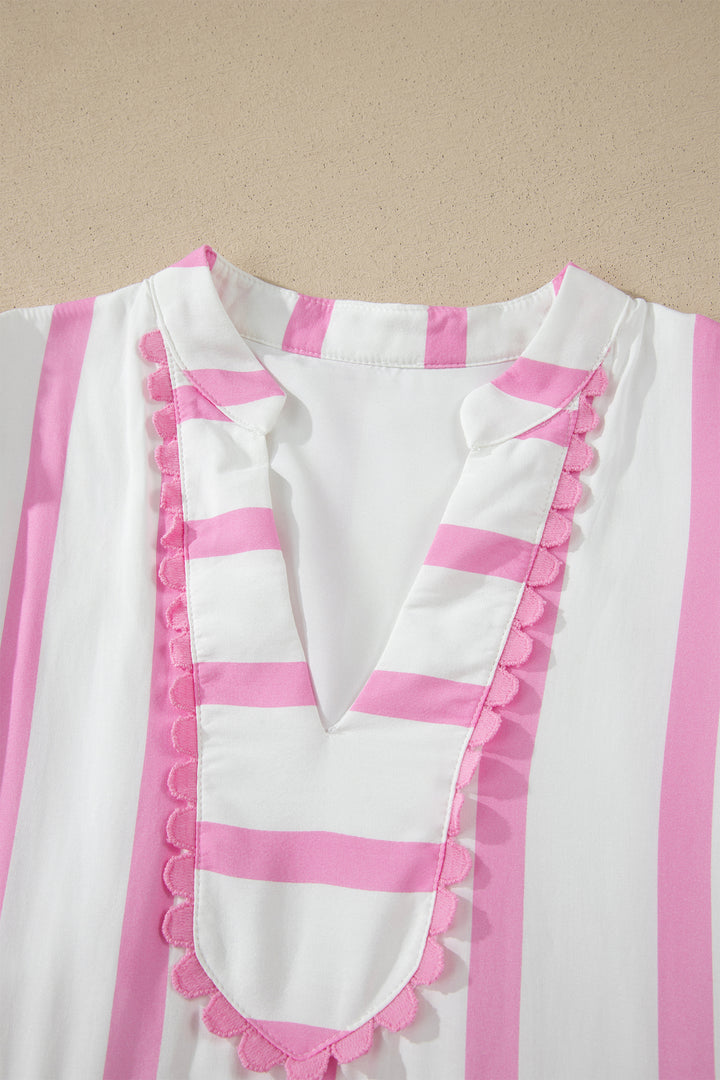 Pink Stripe Ricrac Trim Notched Neck Half Sleeve Vacation Dress
