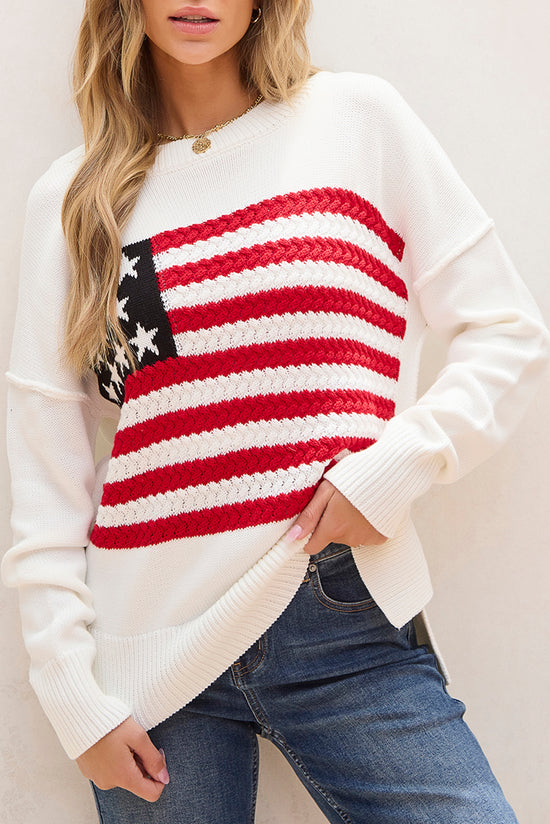 White American Flag Cable Knit Drop Shoulder Sweater | Women