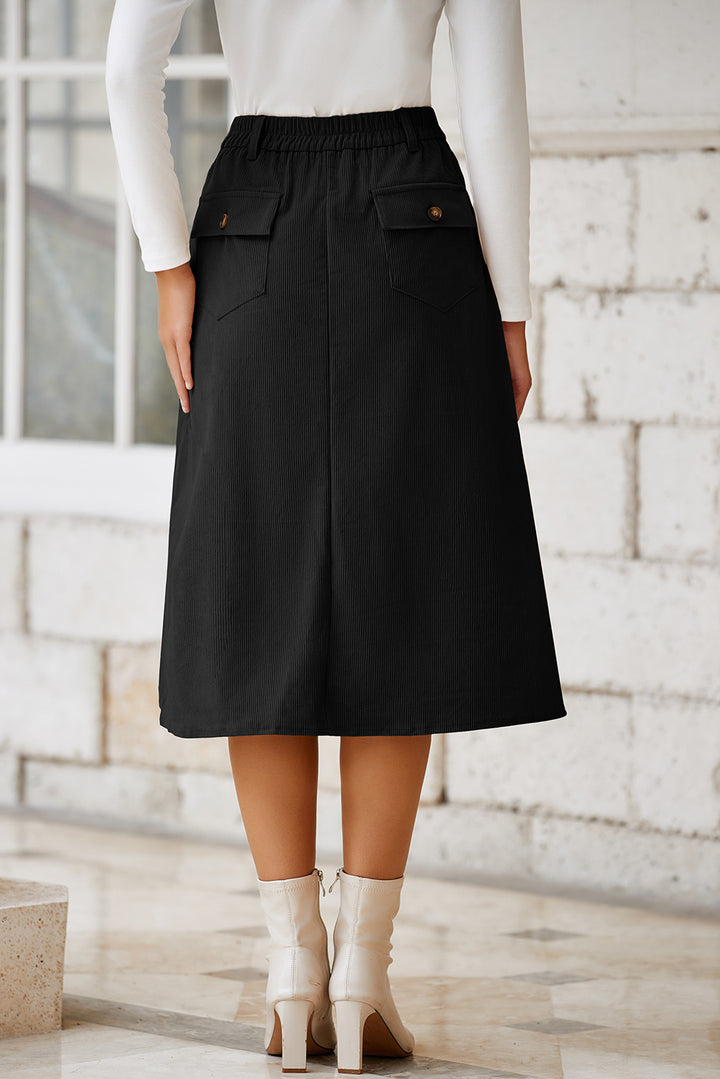 Black Front Slit Shift High Waist Midi Skirt