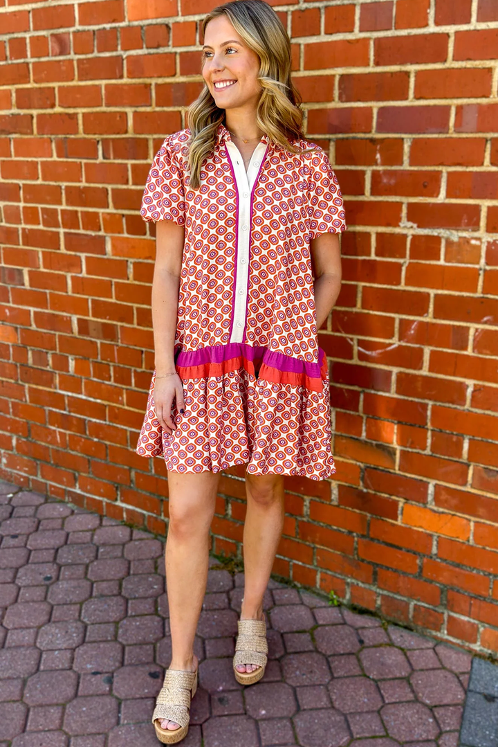 Orange Geometric Floral Print Color Block Trim Button Front Ruffle Hem Dress